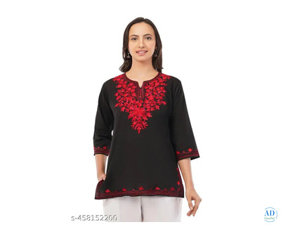 Women Embroidered Pure Cotton Straight Kurta (Black, Red)