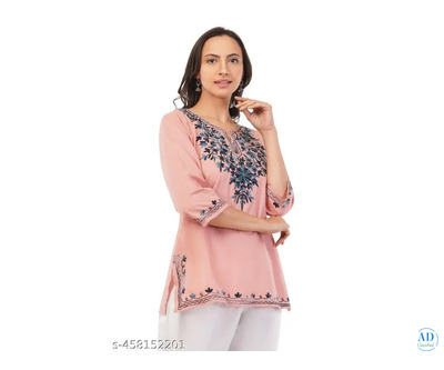 Women Embroidered Pure Cotton Straight Kurta (Pink)