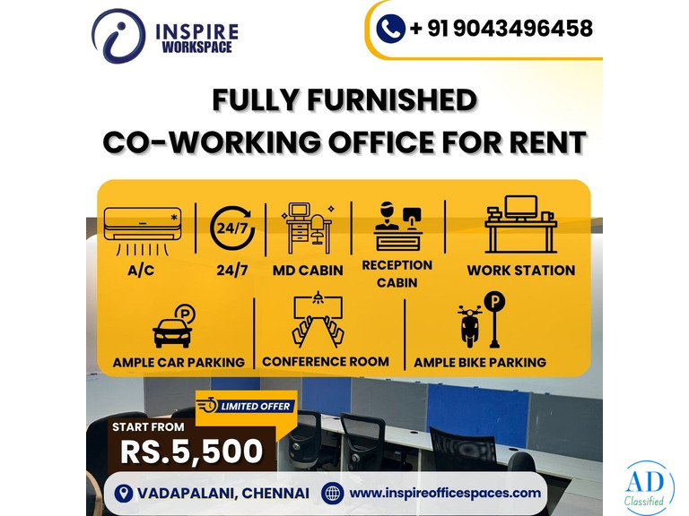 Fully Furnished Co-working Office Space for Rent in Vadapalani