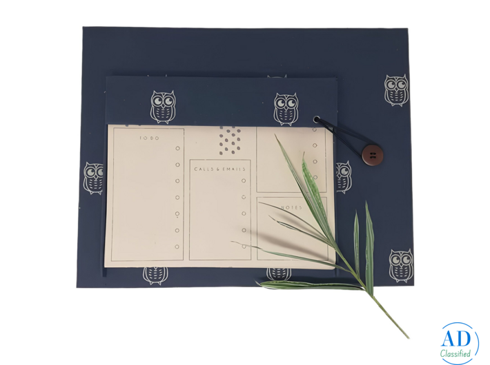 Handmade Tabletop Organiser in Navy Blue & Beige Owls