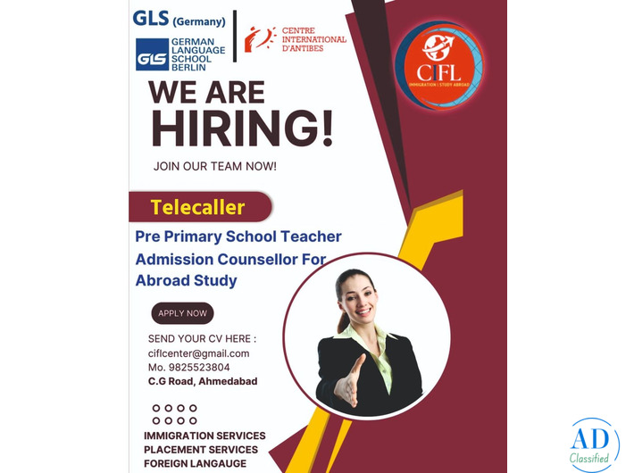Cifl Centre Ahmedabad, Job Opening  For Telecaller, Pre Primary School Teacher