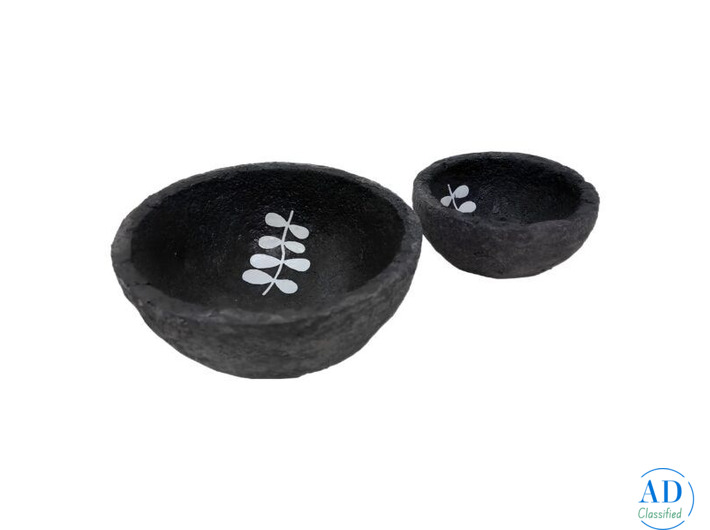 Dark Grey Paper Mache Bowl with White Twig Leaf Design
