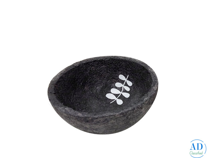 Dark Grey Paper Mache Bowl with White Twig Leaf Design