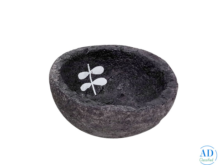 Dark Grey Paper Mache Bowl with White Twig Leaf Design