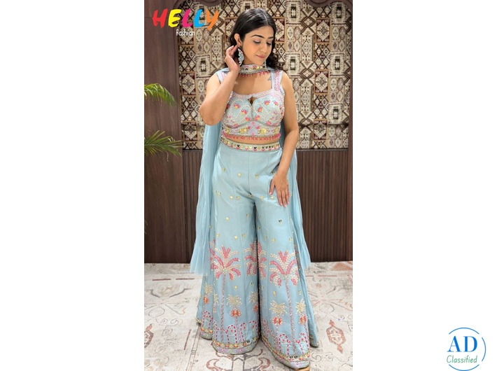 Elegant Sky Blue Indo-Western Sharara Set with Floral Embroidery