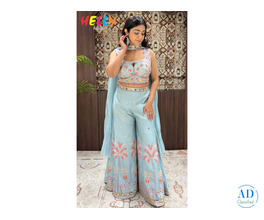 Elegant Sky Blue Indo-Western Sharara Set with Floral Embroidery