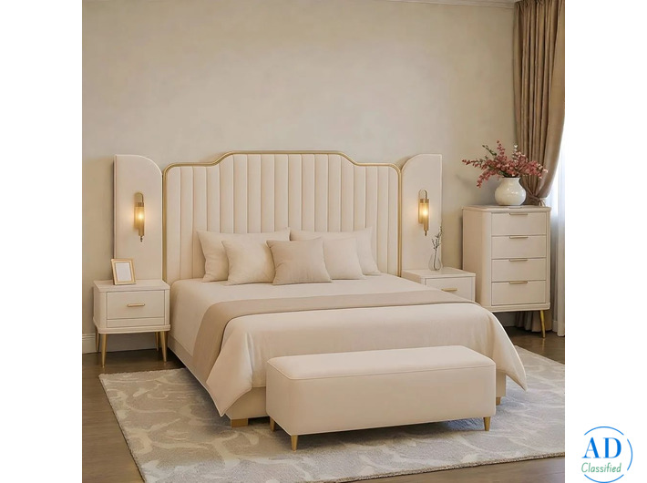 Opal Cream Channel Tufted Bed with Gold Trim