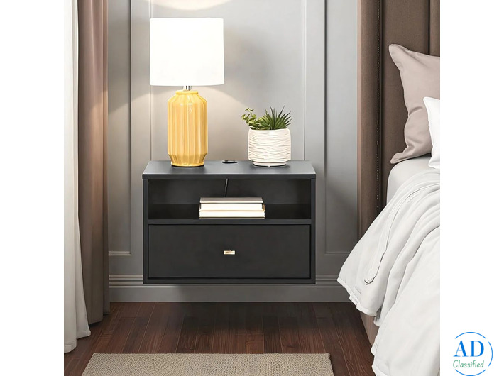 Floating Black Nightstand with Gold Handle