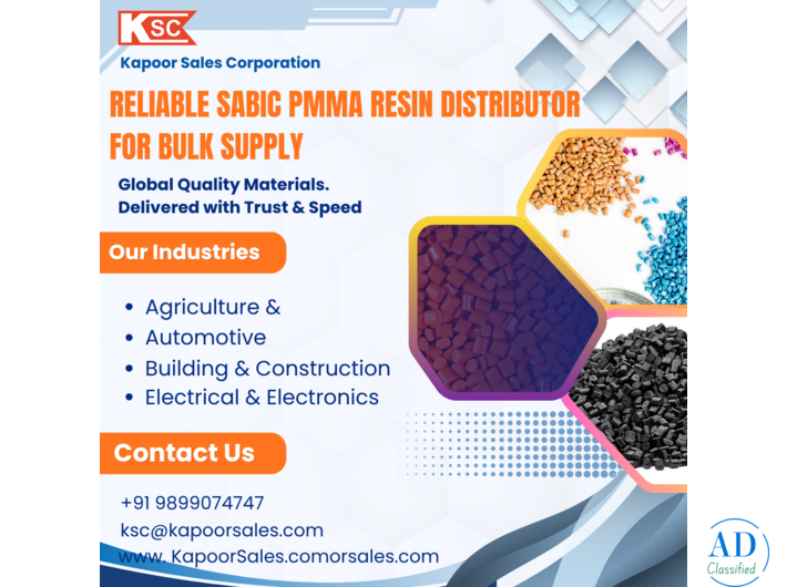Kapoor Sales Reliable SABIC PMMA Resin Distributor for Bulk Supply
