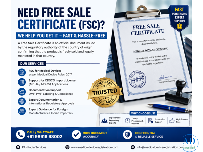 Get Free Sale Certificate (FSC) for Medical Devices & Cosmetics – Fast Approval Support in India