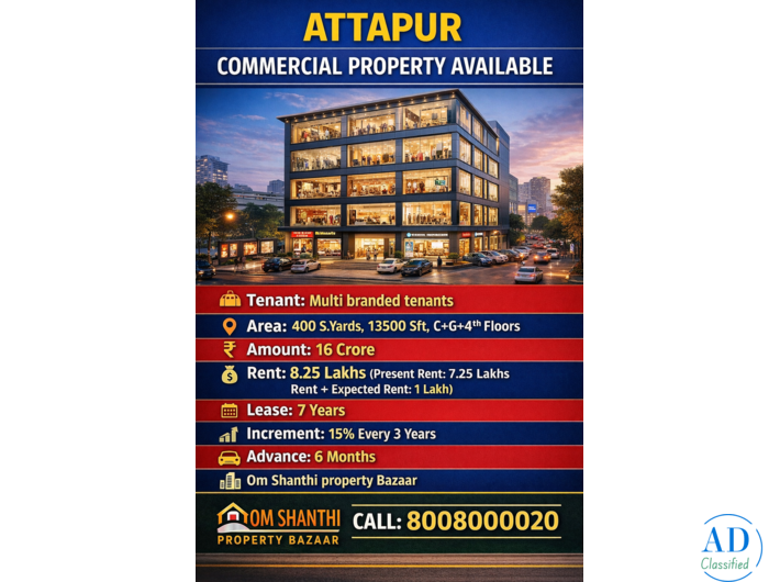 SALE OF COMMERCIAL PROPERTY WITTH MULTI BRANDED TENANTS AT ATTAPUR MAIN ROAD