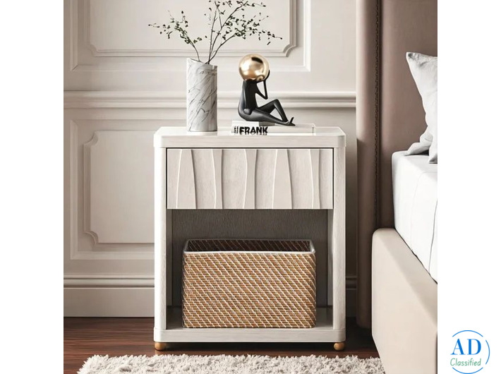 Textured White Nightstand with Drawer and Open Shelf