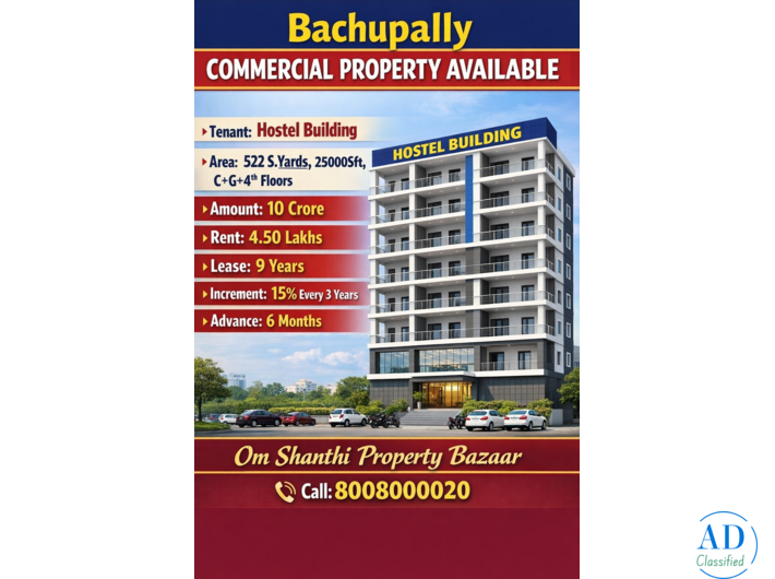 Sale of commercial buliding with Hostel at Bachupally Road