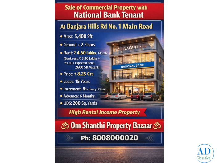 Sale of commercial property with  National bank tenant at Banjarahills rd no 1