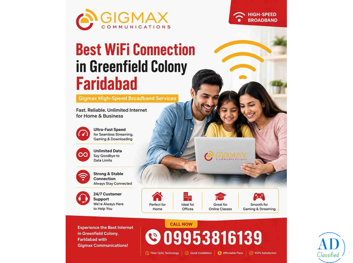 Best WiFi Connection in Greenfield Colony Faridabad – Gigmax High-Speed Broadband Services