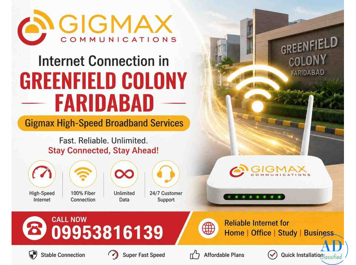 Internet Connection in Greenfield Colony Faridabad – Gigmax High-Speed Broadband Services