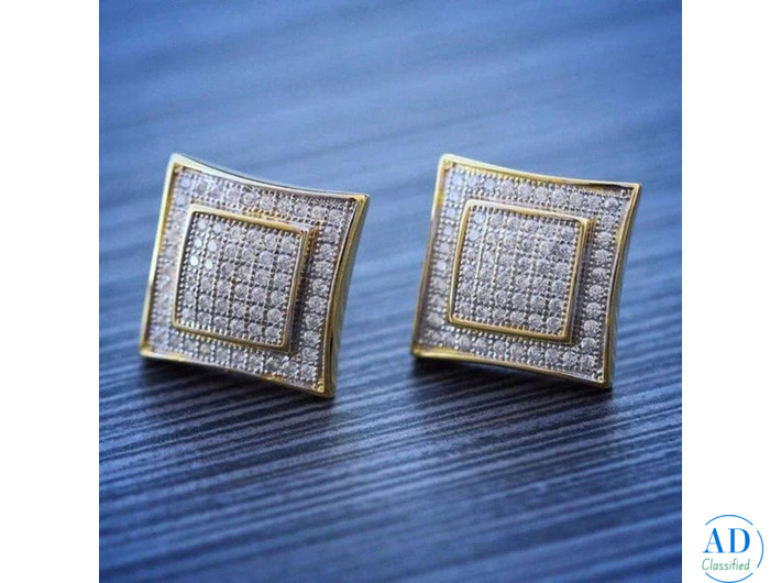 Men's 14K Gold and Sterling Silver Square Lab Diamond Earrings
