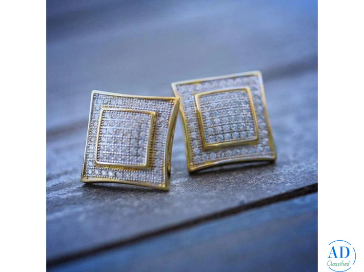 Men's 14K Gold and Sterling Silver Square Lab Diamond Earrings