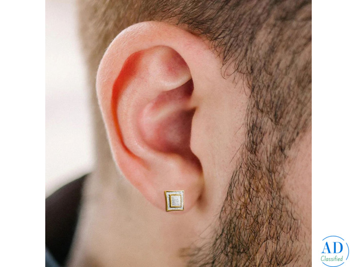 Men's 14K Gold and Sterling Silver Square Lab Diamond Earrings