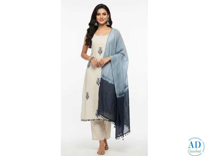Cream Blue Cotton Suit Set for Women | Embroidered Cotton Kurta