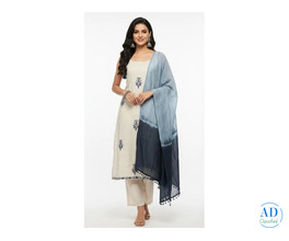 Cream Blue Cotton Suit Set for Women | Embroidered Cotton Kurta