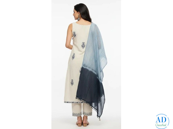 Cream Blue Cotton Suit Set for Women | Embroidered Cotton Kurta