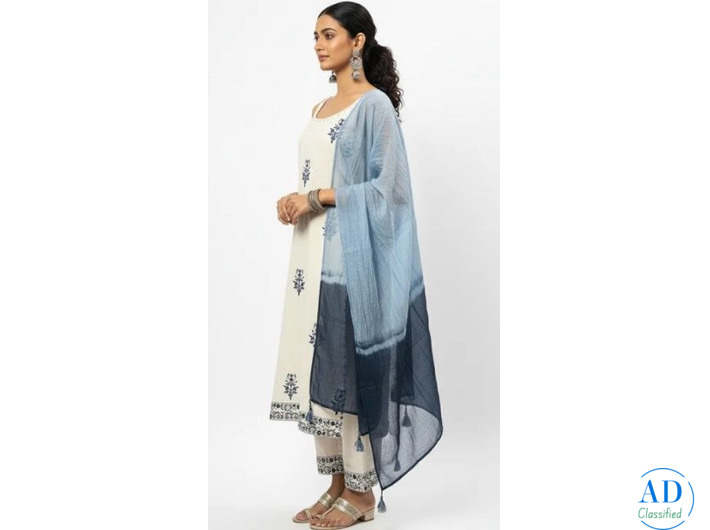 Cream Blue Cotton Suit Set for Women | Embroidered Cotton Kurta