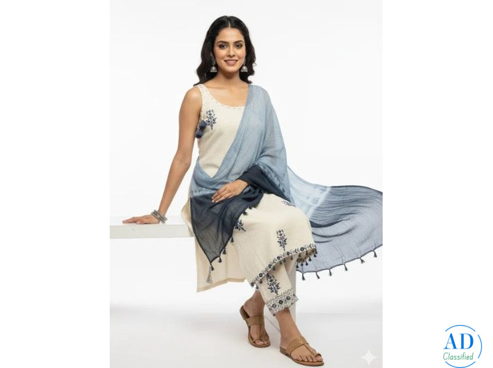 Cream Blue Cotton Suit Set for Women | Embroidered Cotton Kurta