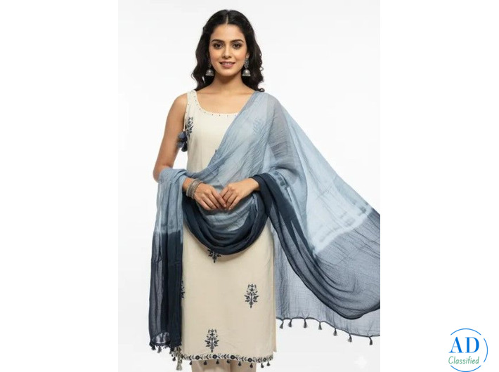 Cream Blue Cotton Suit Set for Women | Embroidered Cotton Kurta