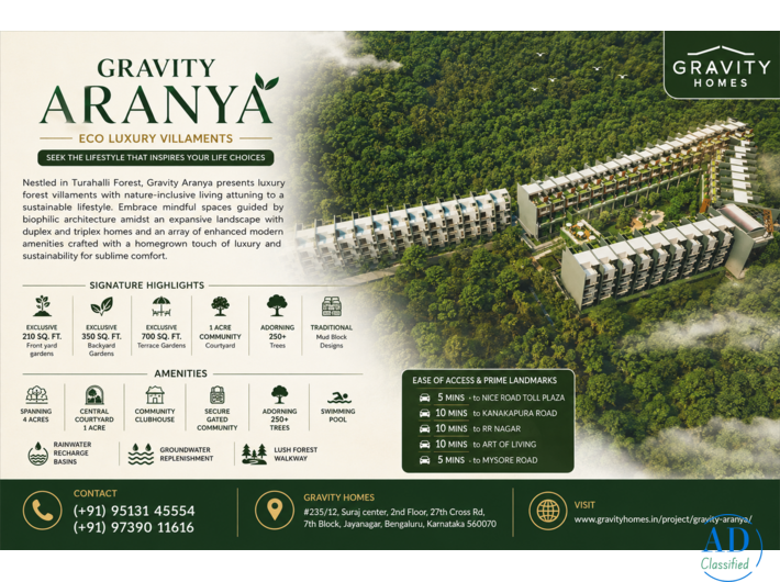 Luxury 3 & 4 BHK Villaments Near Turahalli Forest | Gravity Aranya Bangalore