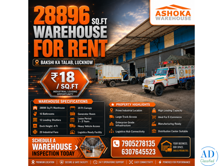 Big Warehouse Lucknow Rental |   Sq Ft Industrial Facility Available