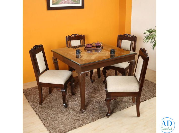 Elegant Teak Wood 4 Seater Dining Set with Walnut Finish