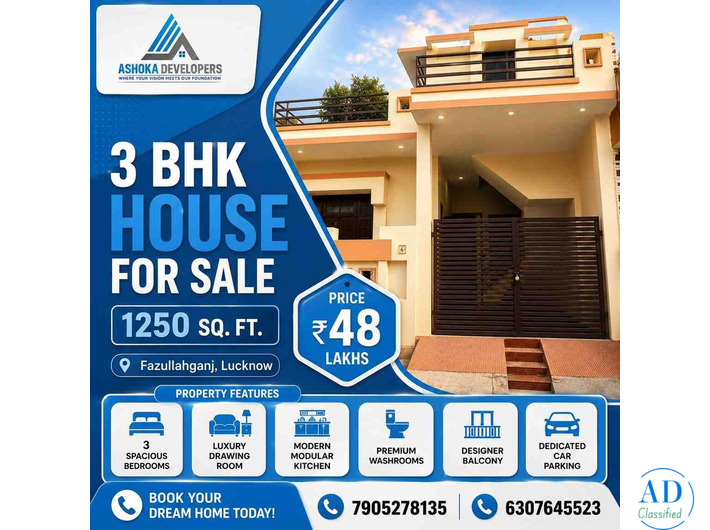 Sq. Ft. 3 BHK House for Sale in Lucknow – Spacious Family Home by Ashoka Developer