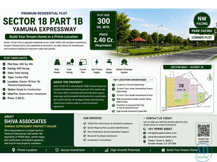300 Sq. Mtr. NW Facing Corner Plot in Sector 18 Part 1B Yamuna Expressway