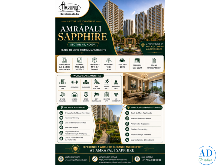Amrapali Sapphire Sector 45 Noida Price List: What are the latest prices for 2 BHK, 3 BHK