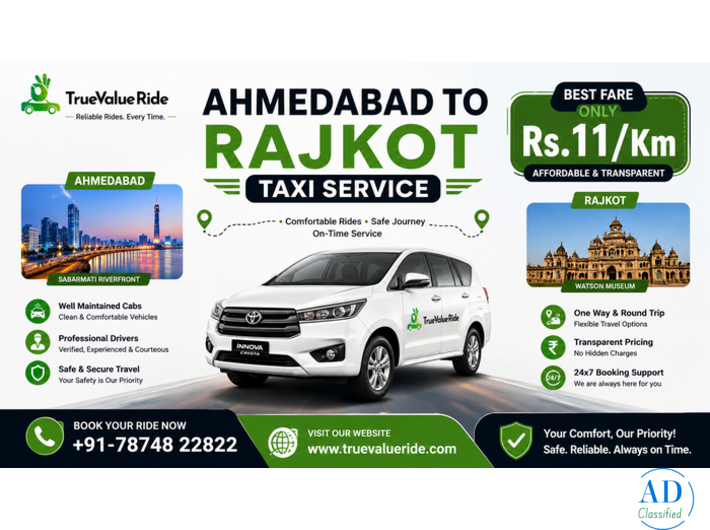 Safe & Affordable Ahmedabad to Rajkot Taxi Service - True Value Ride