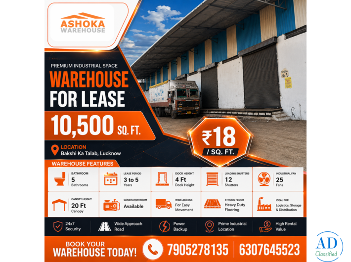 Commercial Warehouse for Lease in Lucknow | 10,500 Sqft Ready-to-Move Space