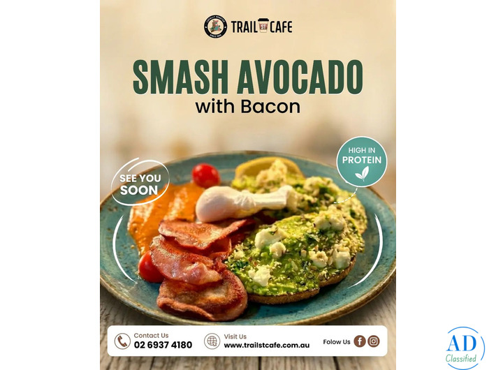 High-Protein Smash Avocado with Bacon at Trail St Cafe Australia