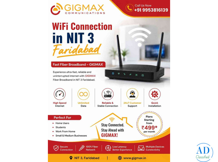 WiFi Connection in NIT 3 Faridabad | Fast Fiber Broadband – GIGMAX