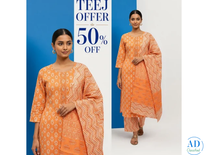 Stylish Orange Printed Cotton Kurta Pant Set