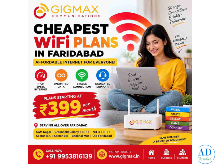 Cheapest WiFi Plans in Faridabad | Affordable Internet – GIGMAX